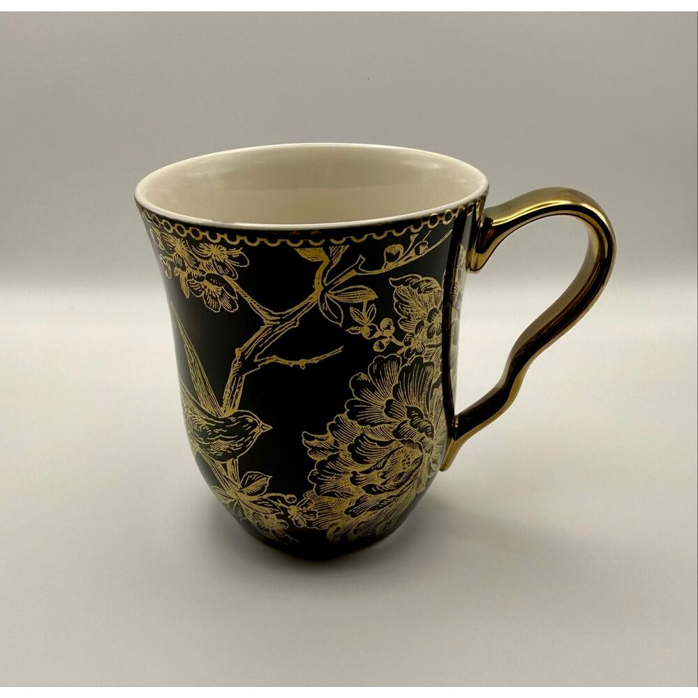 222 Fifth ADELAIDE BLACK GOLD Fine China Coffee Mug Tea Cup Bird Floral PRISTINE